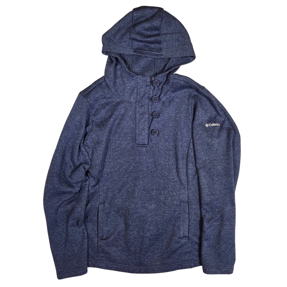 Columbia Womens Heather Navy Blue Button Neck Hooded Sweater Fleece L Outdoors